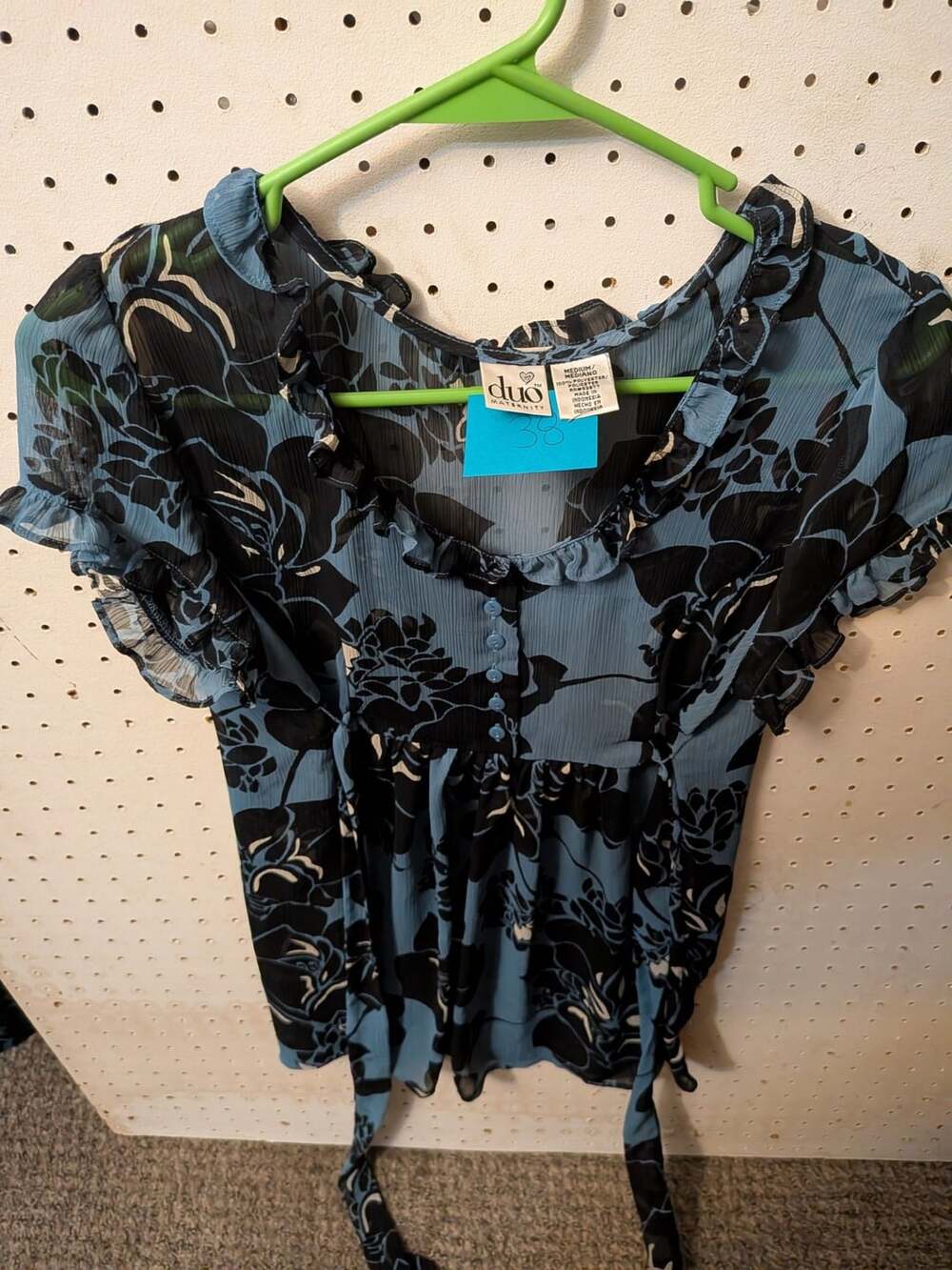 Duo Maternity Blue and Black Floral Print Sheer Flutter Sleeve Blouse